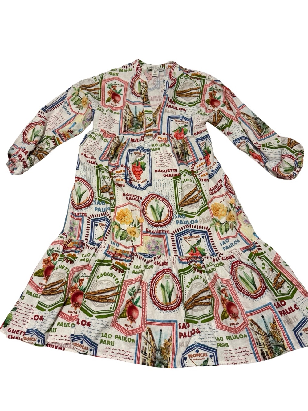 Rachel Zoe Postcard Print Midi Dress Linen Blend Long Sleeve Size Small